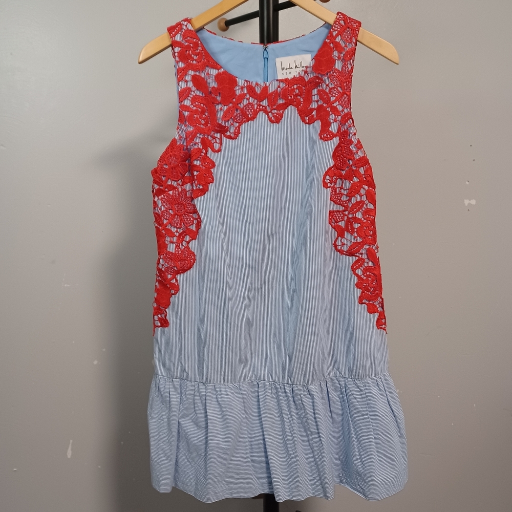 #31 Nicole Miller Pinstripe Drop Waist Dress Red Lace Size 10